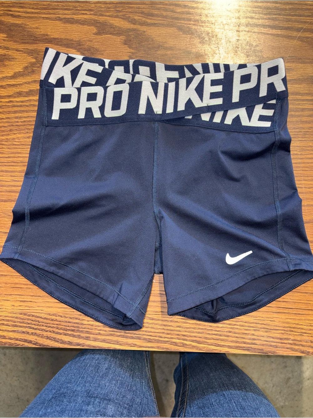 Nike Women’s Navy Pro Elastic-Waist Bike Shorts with White Swoosh